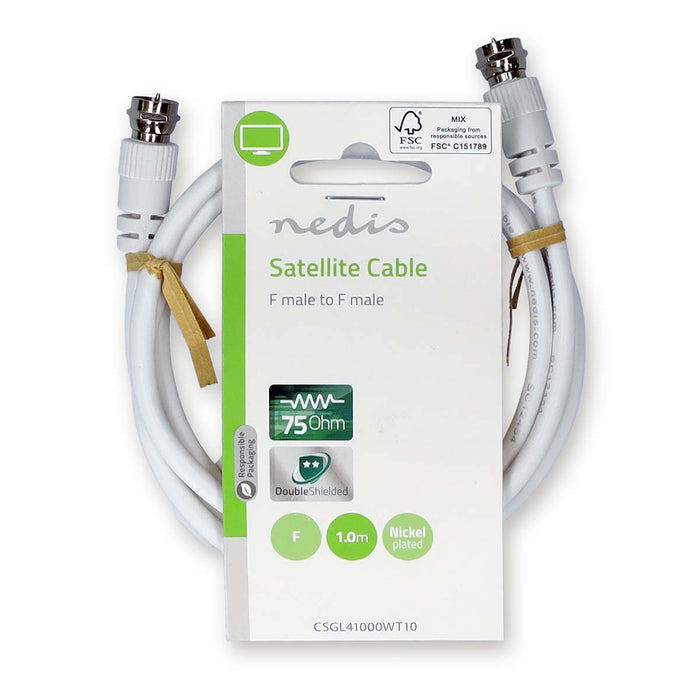 Nedis Satellite & Antenna Cable - F Male, F Male, Nickel Plated, White - Label