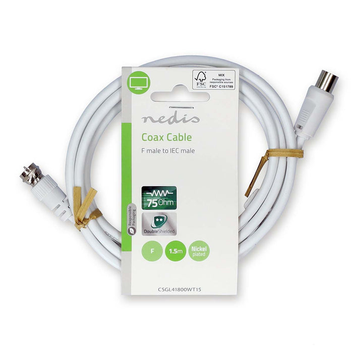 Nedis Satellite & Antenna Cable - F Male, IEC (Coax) Male, Nickel Plated, White - Label