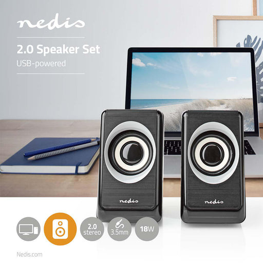 Nedis PC Speaker - 2.0, 18 W, 3.5 mm Male, Volume control - Connection output