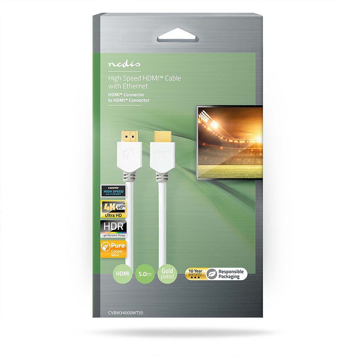 Nedis High Speed HDMI Cable with Ethernet - HDMI Connector, HDMI Connector, 4K@60Hz, White - Box