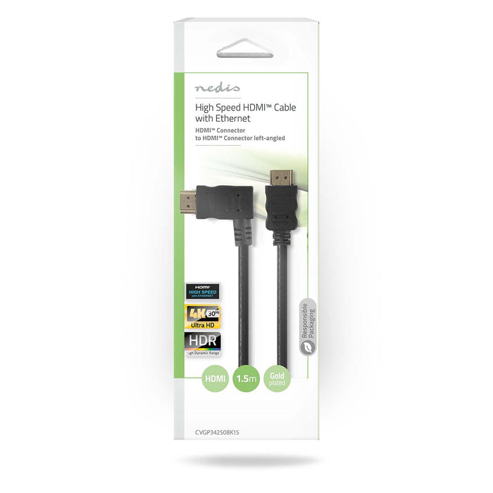 Nedis High Speed HDMI Cable with Ethernet - Left Hooked HDMI Connector, HDMI Connector, 4K@30Hz, Black - Polybag