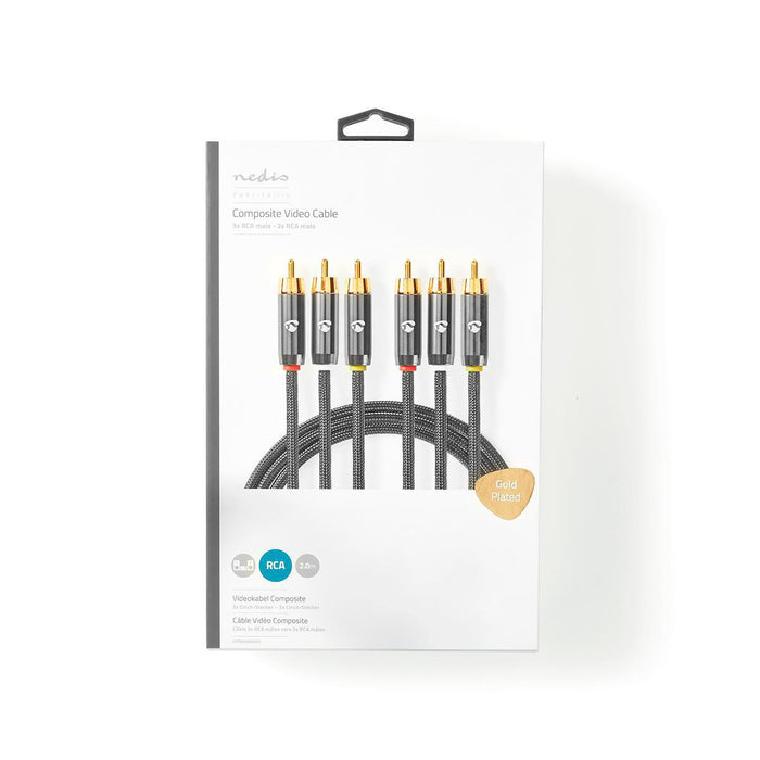 Nedis Composite Video Cable - 3x RCA Male, 3x RCA Male, Gold Plated, Anthracite / Gun Metal Grey - Cover Window Box