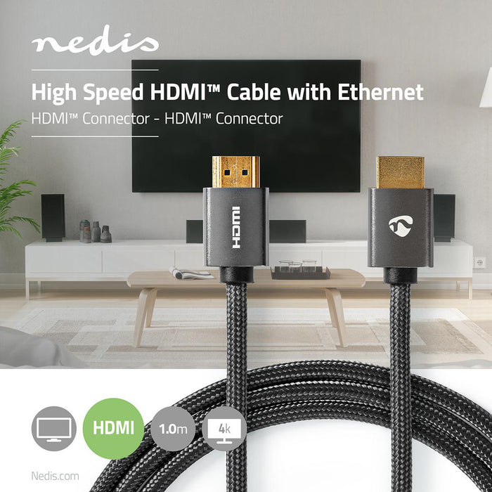 Nedis High Speed HDMI Cable with Ethernet - HDMI Connector, HDMI Connector, 4K@60Hz, Grey / Gun Metal Grey - Cover Window Box