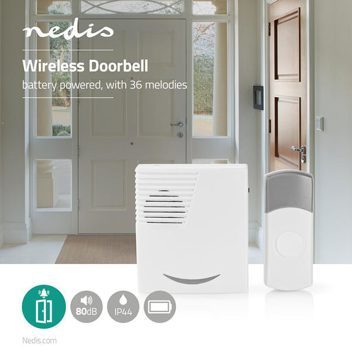 Nedis Wireless Doorbell Set - Battery Powered, 3 V DC, 1x CR2032, 1 Receiver - Grey / White