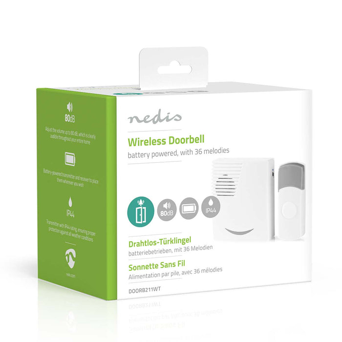 Nedis Wireless Doorbell Set - Battery Powered, 3 V DC, 1x CR2032, 1 Receiver - Grey / White