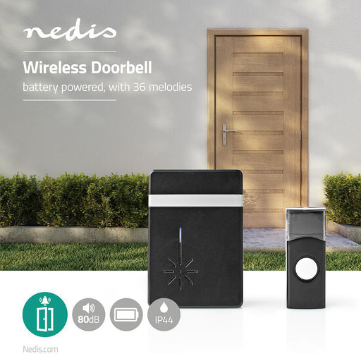 Nedis Wireless Doorbell Set - Battery Powered, 3 V DC, 1x CR2032, 1 Receiver - Black