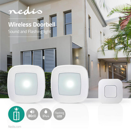 Nedis Wireless Doorbell Set - Mains Powered, 220 - 240 V AC 50 Hz, 1x CR2032, 2 Receivers - White