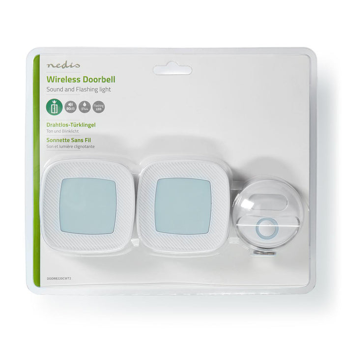 Nedis Wireless Doorbell Set - Mains Powered, 220 - 240 V AC 50 Hz, 1x CR2032, 2 Receivers - White