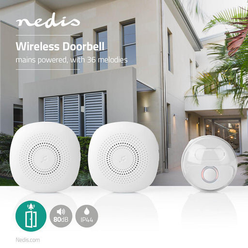 Nedis Wireless Doorbell Set - Mains Powered, 220 - 240 V AC 50 Hz, 1x CR2032, 2 Receivers - White