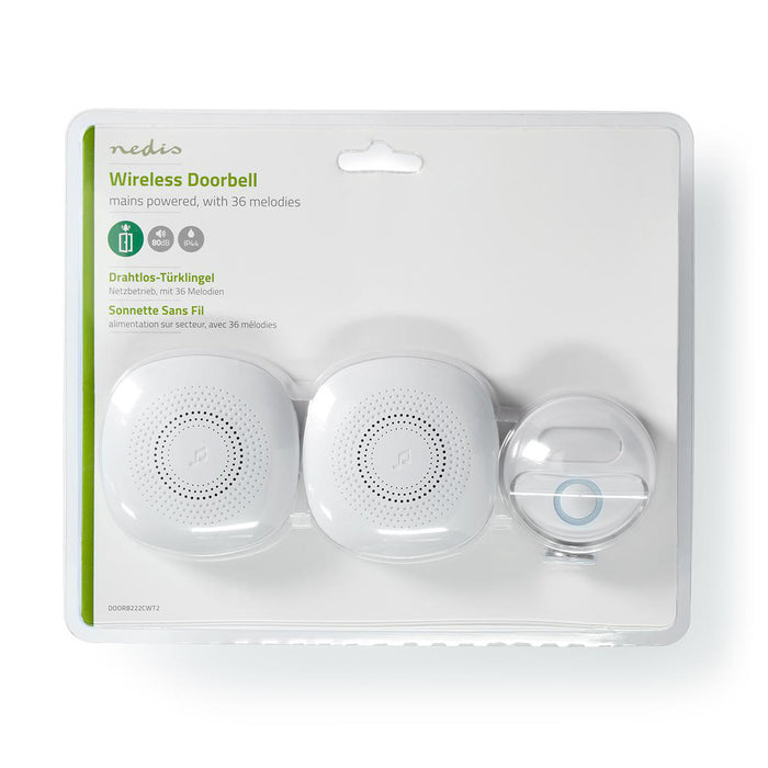 Nedis Wireless Doorbell Set - Mains Powered, 220 - 240 V AC 50 Hz, 1x CR2032, 2 Receivers - White