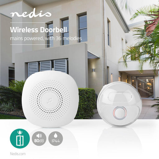 Nedis Wireless Doorbell Set - Mains Powered, 220 - 240 V AC 50 Hz, 1x CR2032, 1 Receiver - White