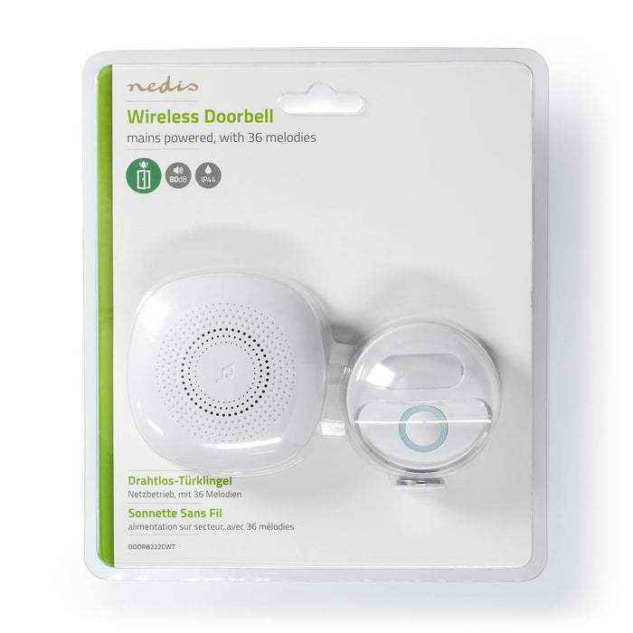 Nedis Wireless Doorbell Set - Mains Powered, 220 - 240 V AC 50 Hz, 1x CR2032, 1 Receiver - White