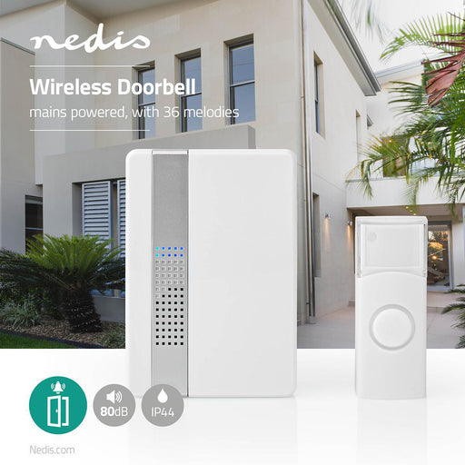 Nedis Wireless Doorbell Set - Mains Powered, 220 - 240 V AC 50 Hz, 1x CR2032, 1 Receiver - White