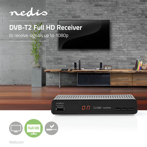 Nedis DVB-T2 Receiver - Free To Air (FTA), 480i / 480p / 576i / 576p / 720p / 1080i / 1080p, H.265, Remote controlled - Black