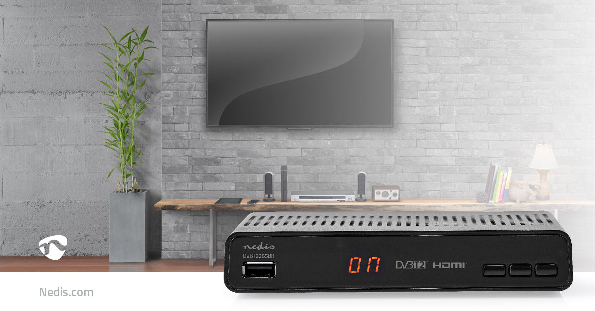 Nedis DVB-T2 Receiver - Free To Air (FTA), 480i / 480p / 576i / 576p / 720p / 1080i / 1080p, H.265, Remote controlled - Black