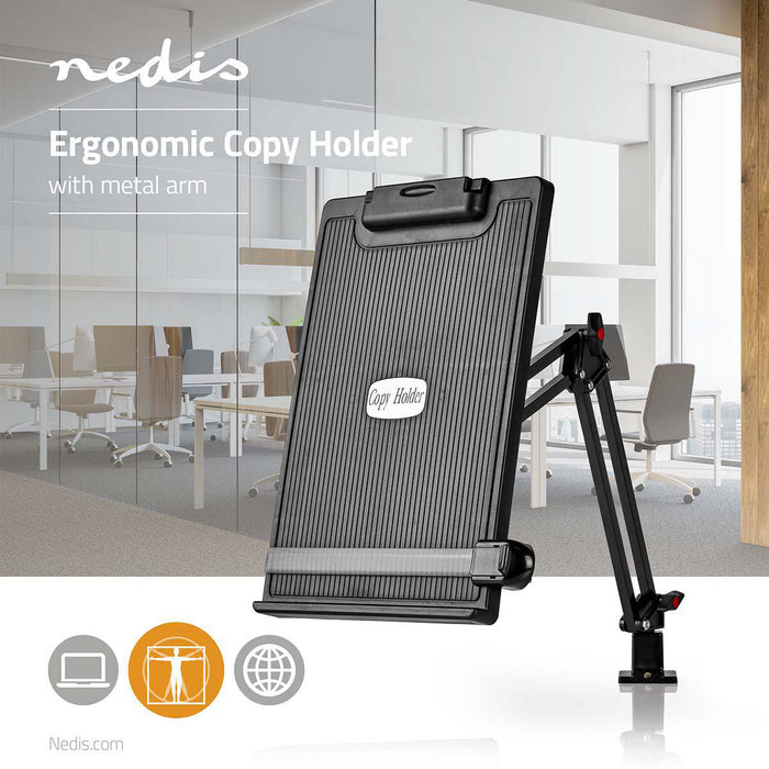 Nedis Copy Holder - Clip, Suitable for paper size: A4, Adjustable Angle / Full Motion, Adjustable Angle / Full Motion - Swivel angle: 360 °