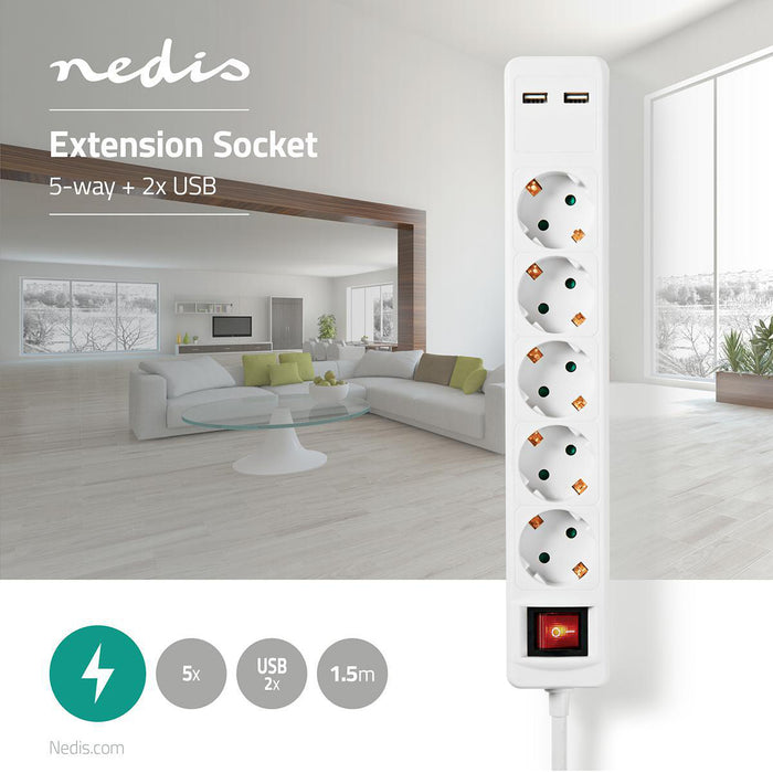 Nedis Extension Socket - Type F (CEE 7/7), 5-Way, 1.50 m, On/Off switch - White