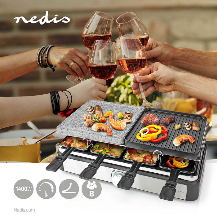 Nedis Gourmet / Raclette - Grill / Stone, 8 Persons, Spatula, Non stick coating - Rectangle