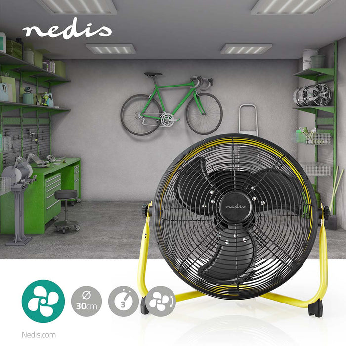 Nedis Floor Fan - 300 mm, 3-Speed, Tiltable, Tiltable - Black / Yellow