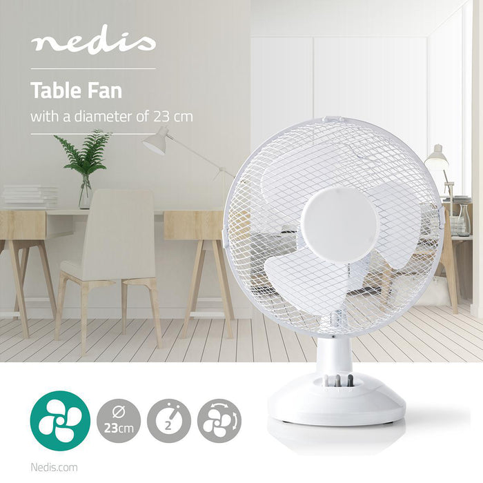 Nedis Table Fan - Mains Powered, Diameter: 230 mm, 22 W, 2-Speed - White