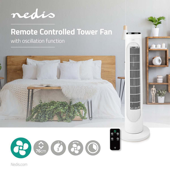 Nedis Tower Fan - 3-Speed, Oscillation, 50 W, Remote control - Black / White