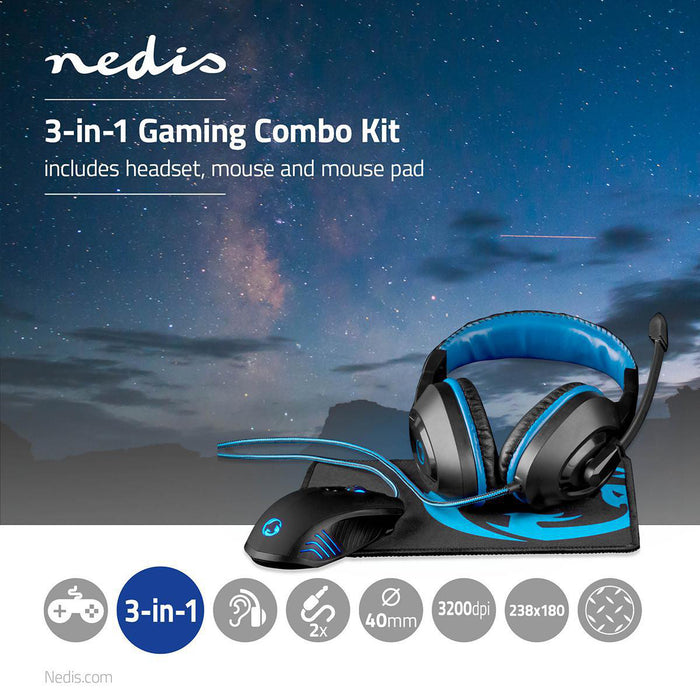 Nedis Gaming Combo Kit - 3-in-1 - Headset, Mouse and Mouse Pad - Black / Blue, 