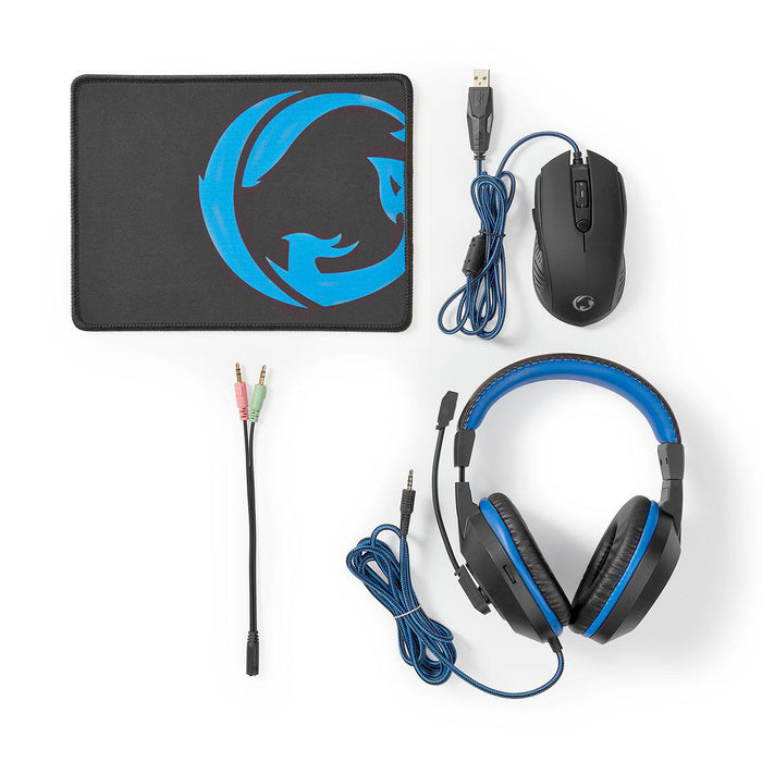 Nedis Gaming Combo Kit - 3-in-1 - Headset, Mouse and Mouse Pad - Black / Blue, 