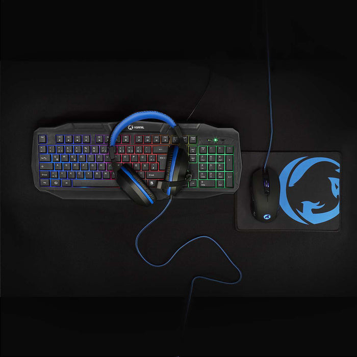 Nedis Gaming Combo Kit - 4-in-1, Keyboard, Headset, Mouse and Mouse Pad, Black / Blue, QWERTZ - DE Layout