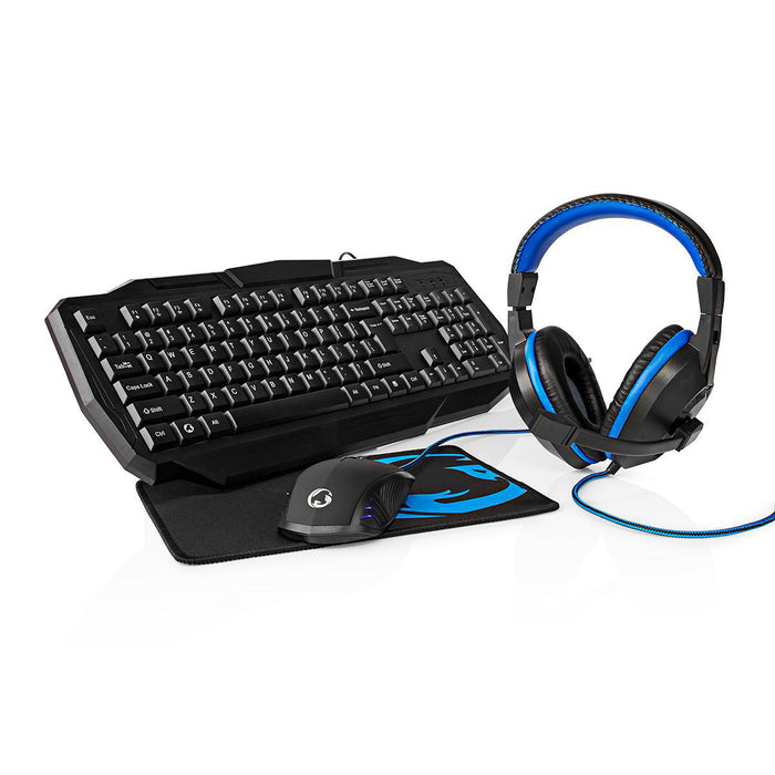 Nedis Gaming Combo Kit - 4-in-1, Keyboard, Headset, Mouse and Mouse Pad, Black / Blue, QWERTZ - DE Layout