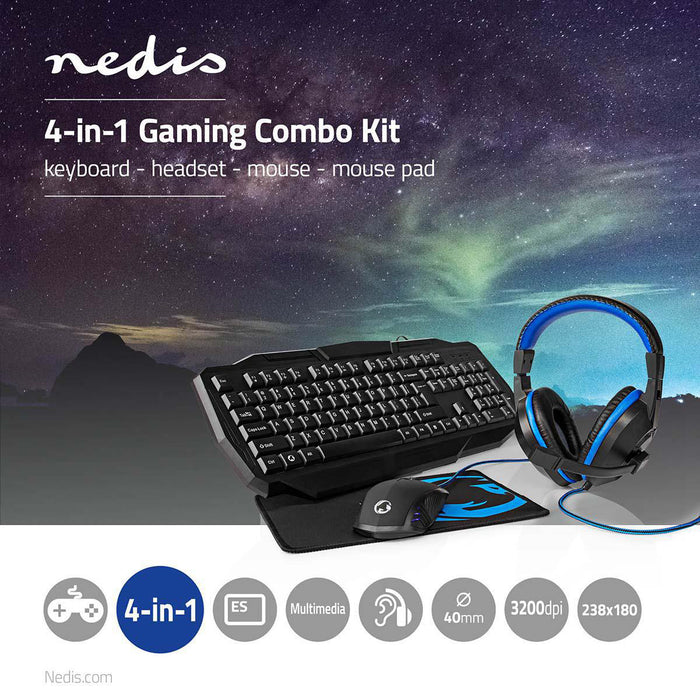 Nedis Gaming Combo Kit - 4-in-1, Keyboard, Headset, Mouse and Mouse Pad, Black / Blue, QWERTY - ES Layout