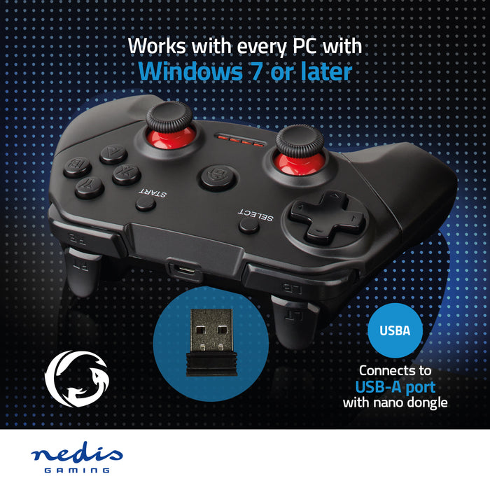 Nedis Gamepad - Wireless, Battery Powered, PC, Cable length: 1.00 m - Black