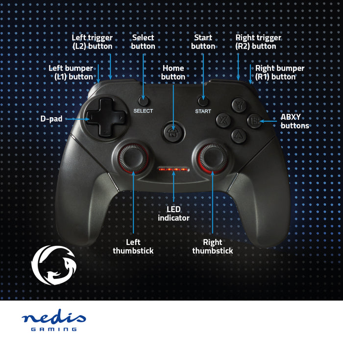 Nedis Gamepad - Wireless, Battery Powered, PC, Cable length: 1.00 m - Black