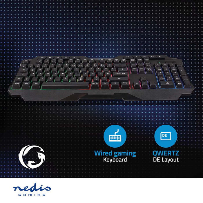 Nedis Wired Gaming Keyboard - USB Type-A, Membrane Keys, LED, Power cable length: 1.30 m - Multimedia