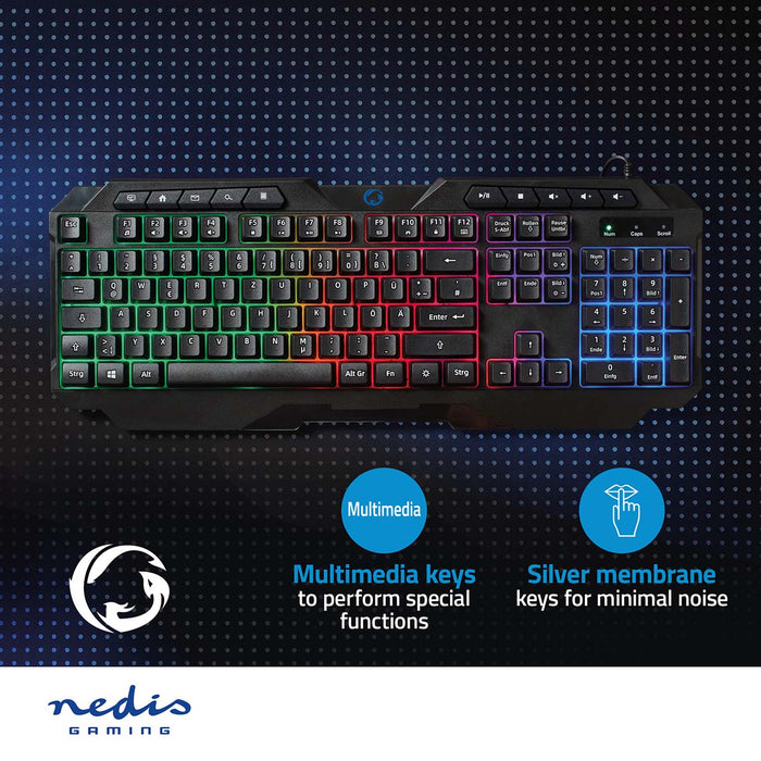 Nedis Wired Gaming Keyboard - USB Type-A, Membrane Keys, LED, Power cable length: 1.30 m - Multimedia