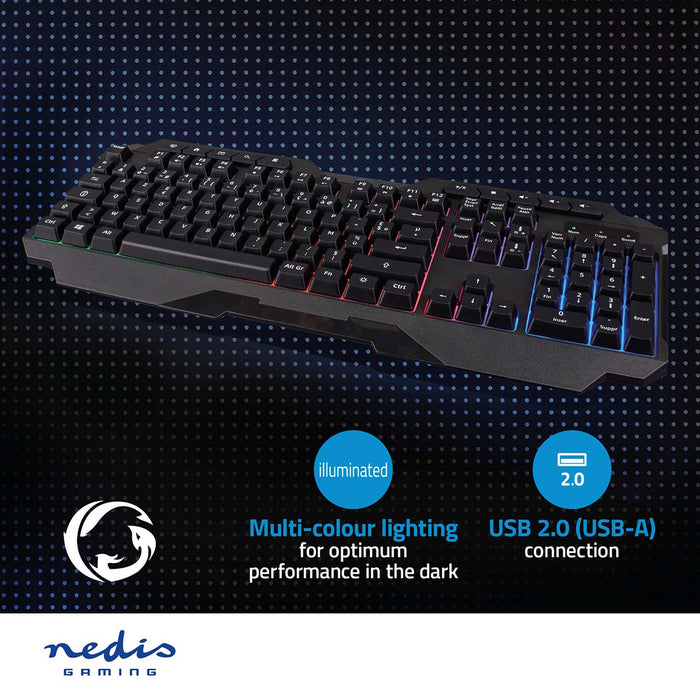 Nedis Wired Gaming Keyboard - USB Type-A, Membrane Keys, LED, Power cable length: 1.30 m - Multimedia