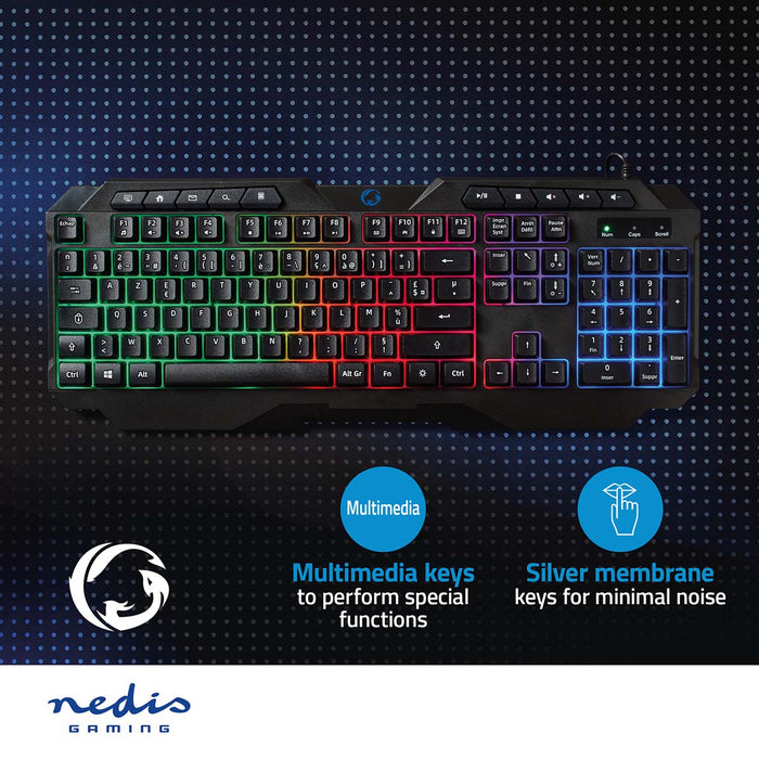 Nedis Wired Gaming Keyboard - USB Type-A, Membrane Keys, LED, Power cable length: 1.30 m - Multimedia