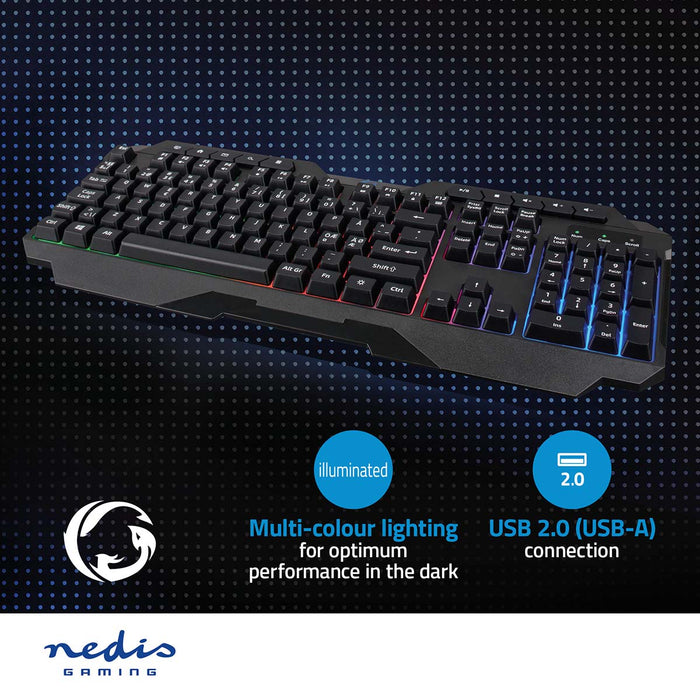 Nedis Wired Gaming Keyboard - USB Type-A, Membrane Keys, LED, Power cable length: 1.30 m - Multimedia