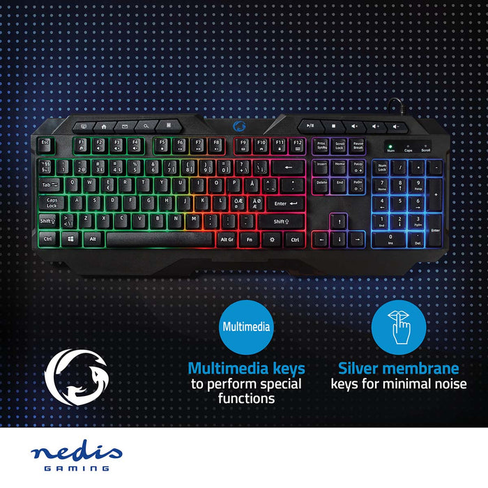 Nedis Wired Gaming Keyboard - USB Type-A, Membrane Keys, LED, Power cable length: 1.30 m - Multimedia