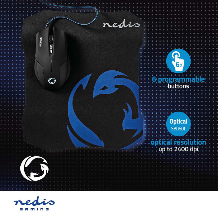 Nedis Gaming Mouse & Mouse Pad Set - Wired, 800 / 1200 / 1600 dpi, Adjustable DPI, 1.50 m - Normal Lighting