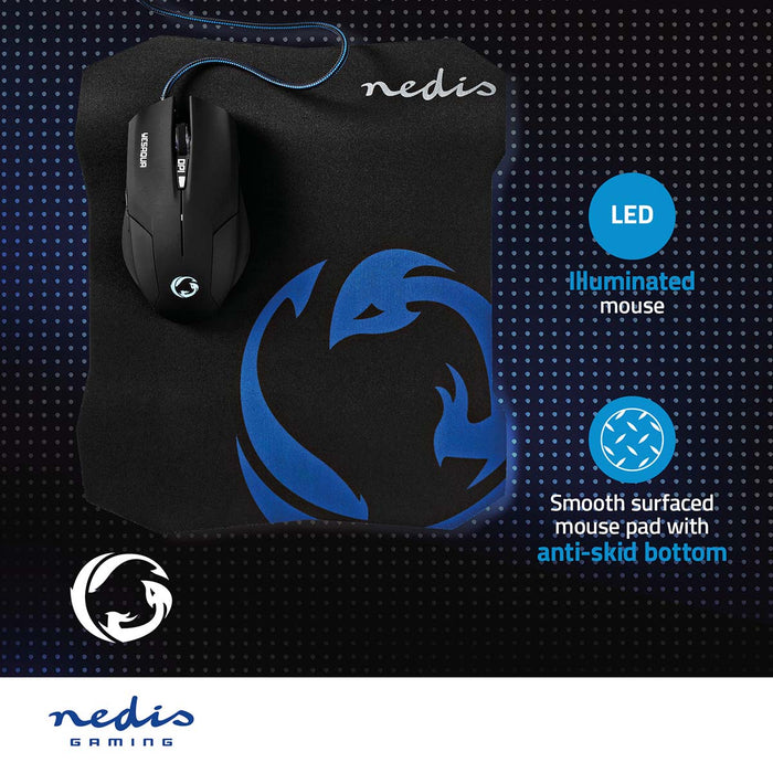 Nedis Gaming Mouse & Mouse Pad Set - Wired, 800 / 1200 / 1600 dpi, Adjustable DPI, 1.50 m - Normal Lighting