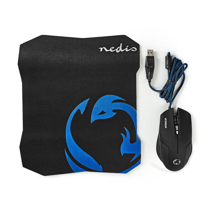 Nedis Gaming Mouse & Mouse Pad Set - Wired, 800 / 1200 / 1600 dpi, Adjustable DPI, 1.50 m - Normal Lighting