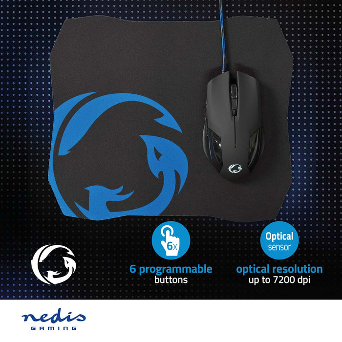 Nedis Gaming Mouse & Mouse Pad Set - Wired, 1200 / 2400 / 4800 / 7200 dpi, Adjustable DPI, 1.50 m - Without Lighting