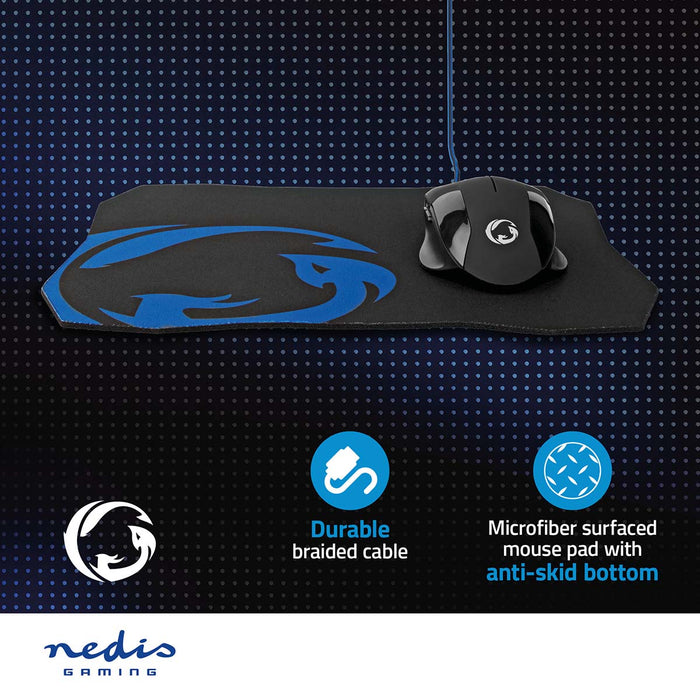 Nedis Gaming Mouse & Mouse Pad Set - Wired, 1200 / 2400 / 4800 / 7200 dpi, Adjustable DPI, 1.50 m - Without Lighting