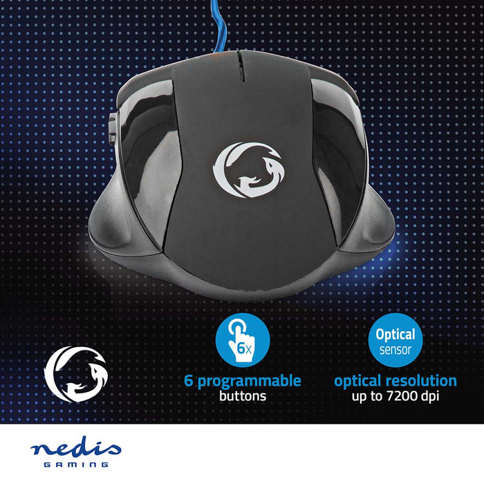 Nedis Gaming Mouse - Wired, 1200 / 2400 / 4800 / 7200 dpi, Adjustable DPI, 1.50 m - Without Lighting