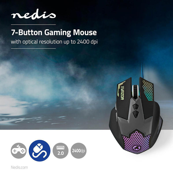 Nedis Gaming Mouse - Wired, 800 / 1200 / 1600 / 2400 dpi, Adjustable DPI, 1.50 m - LED