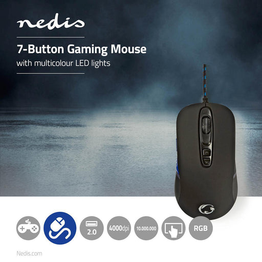 Nedis Gaming Mouse - Wired, 4000 dpi, Adjustable DPI, 1.80 m - RGB