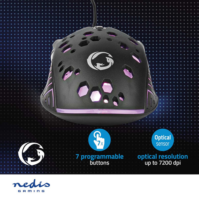 Nedis Gaming Mouse - Wired, 800 / 1200 / 2400 / 3200 / 4800 / 7200 dpi, Adjustable DPI, 1.50 m - RGB