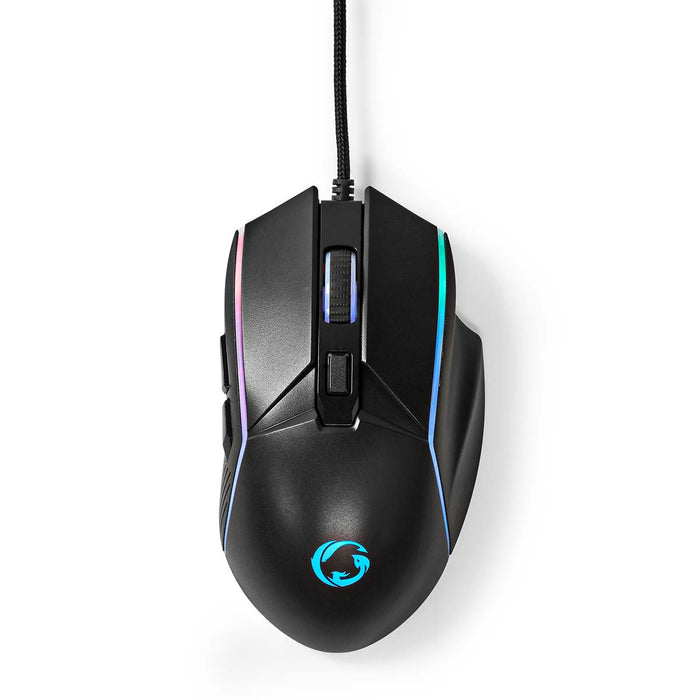 Nedis Gaming Mouse - Wired, 800 / 1200 / 2400 / 3200 / 4800 / 7200 dpi, Adjustable DPI, 1.50 m - LED