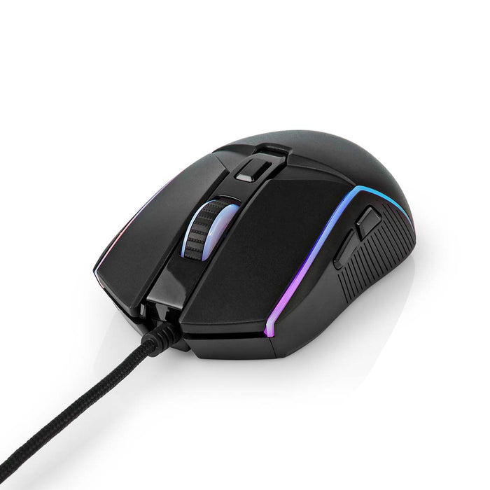 Nedis Gaming Mouse - Wired, 800 / 1200 / 2400 / 3200 / 4800 / 7200 dpi, Adjustable DPI, 1.50 m - LED