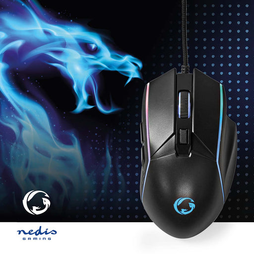Nedis Gaming Mouse - Wired, 800 / 1200 / 2400 / 3200 / 4800 / 7200 dpi, Adjustable DPI, 1.50 m - LED